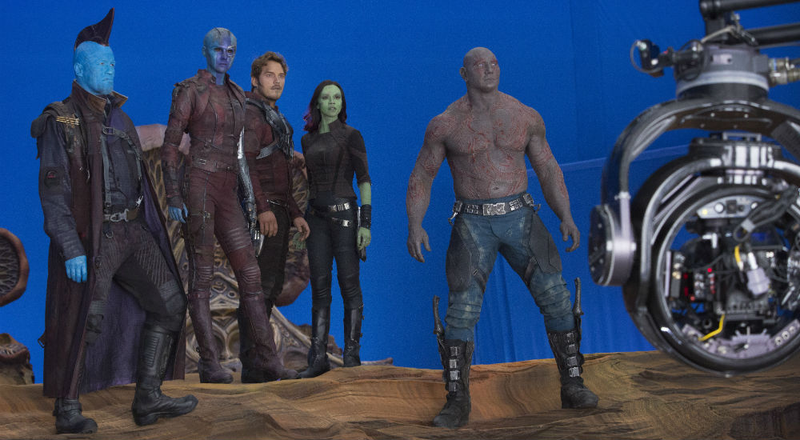 The Guardians will get a few new members in Vol. 2. Here Michael Rooker’s Yondu and Karen Gillan’s Nebula join Pratt, Saldana and Drax.